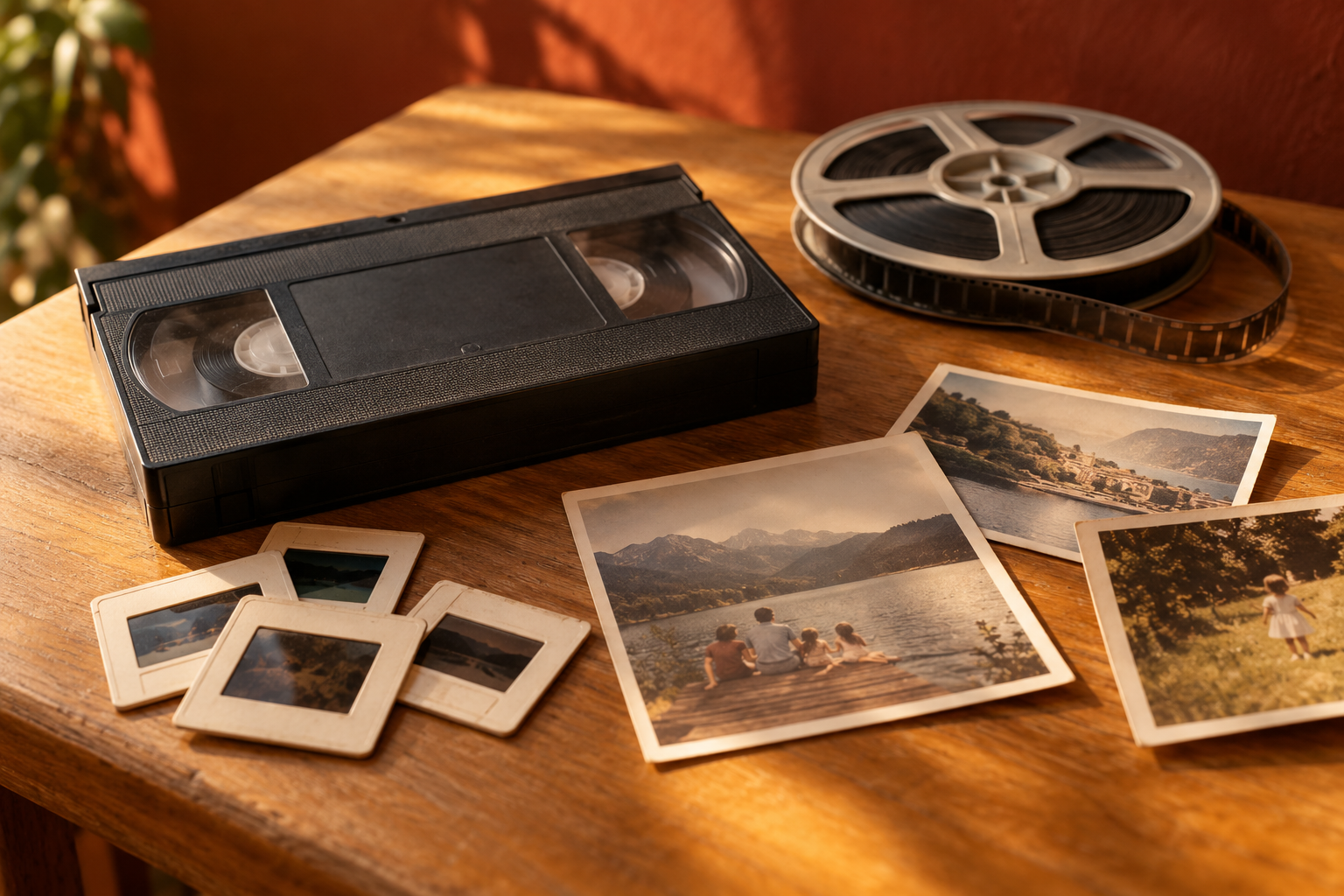 Dia’s, familiefoto’s, een VHS-band en filmspoelen in warm licht